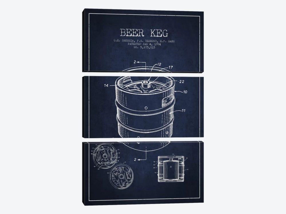 Keg Navy Blue Patent Blueprint by Aged Pixel 3-piece Canvas Artwork