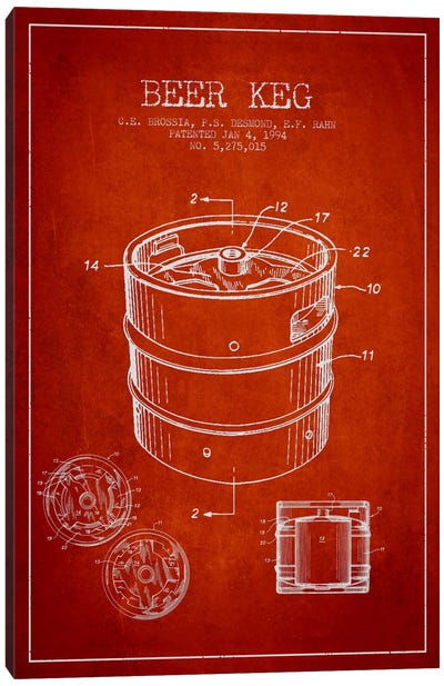Keg Red Patent Blueprint Canvas Art Print - Beer Art