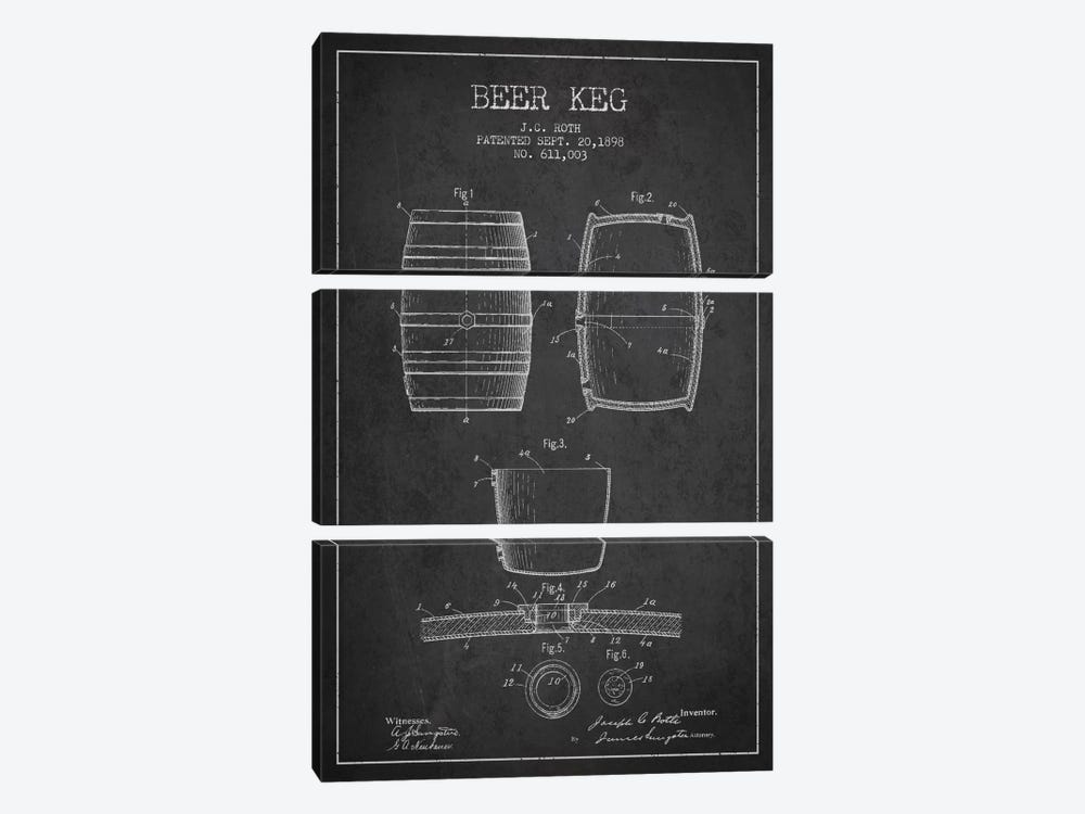 Keg Charcoal Patent Blueprint by Aged Pixel 3-piece Canvas Print