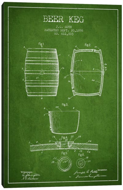 Keg Green Patent Blueprint Canvas Art Print - Aged Pixel: Drink & Beer