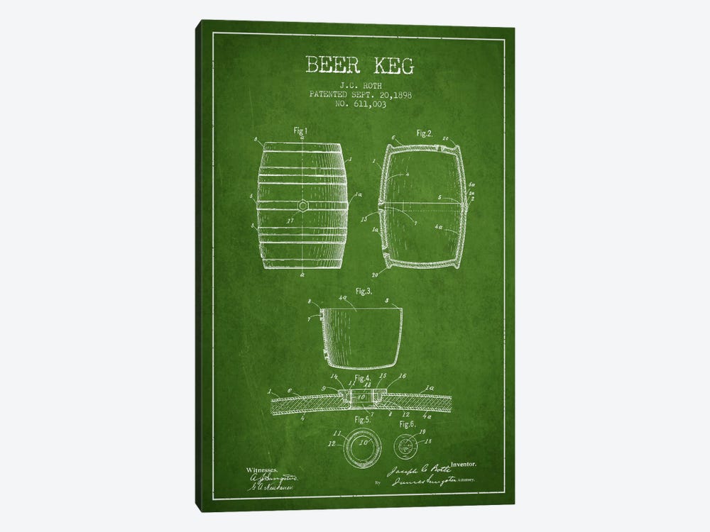 Keg Green Patent Blueprint by Aged Pixel 1-piece Canvas Print