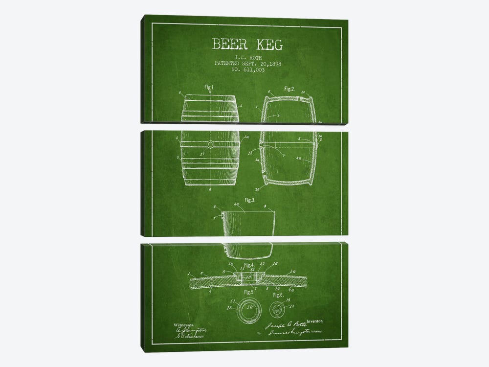 Keg Green Patent Blueprint by Aged Pixel 3-piece Canvas Art Print