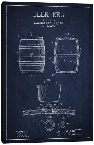 Keg Navy Blue Patent Blueprint Canvas Art Print - Aged Pixel: Drink & Beer