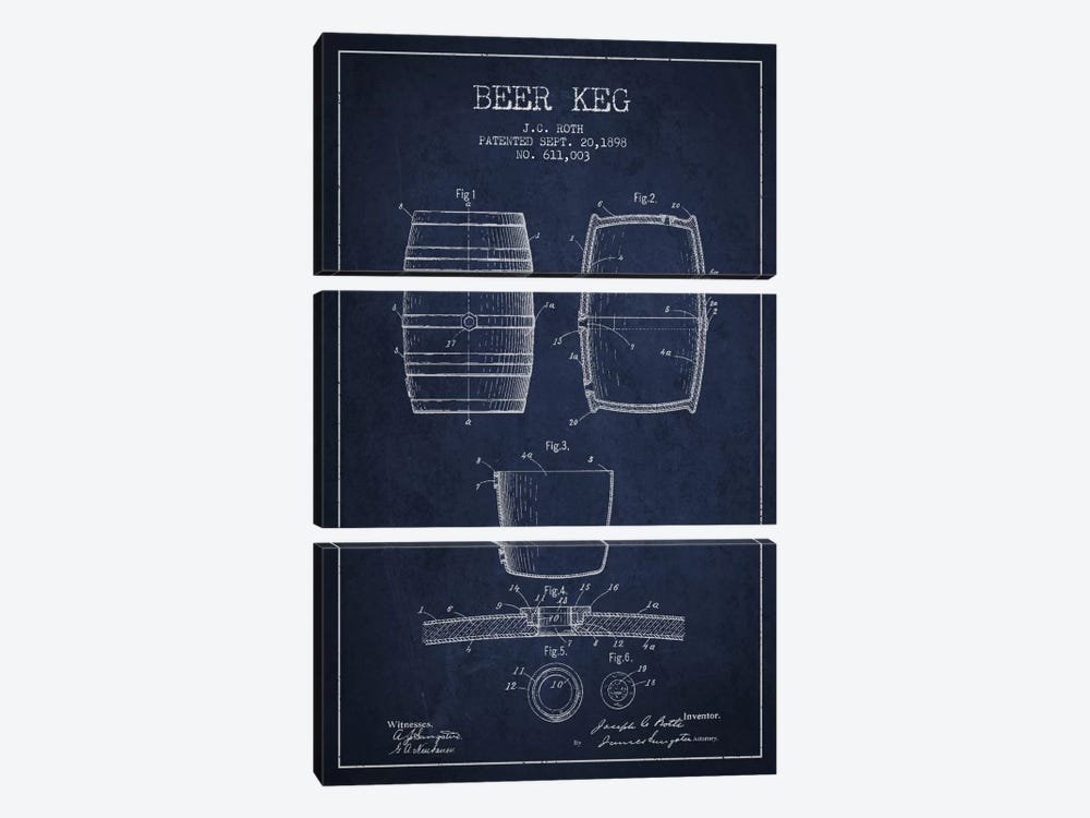 Keg Navy Blue Patent Blueprint by Aged Pixel 3-piece Canvas Art
