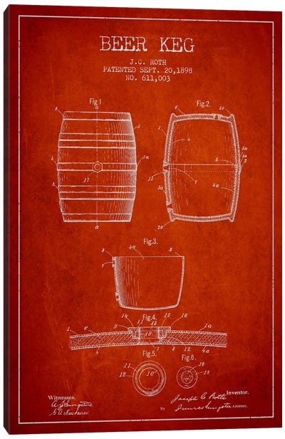 Keg Red Patent Blueprint Canvas Art Print - Aged Pixel: Drink & Beer