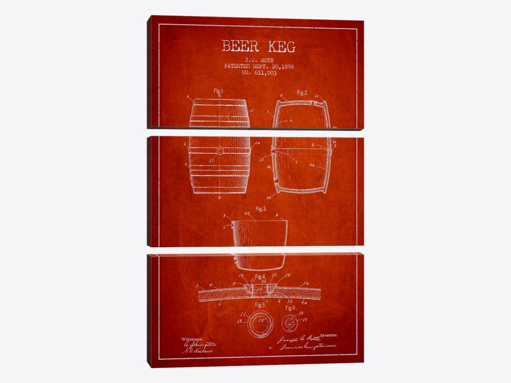 Keg Red Patent Blueprint by Aged Pixel 3-piece Canvas Print