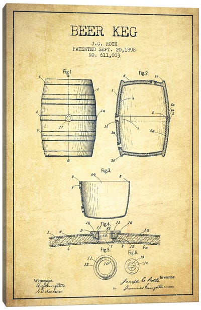 Keg Vintage Patent Blueprint Canvas Art Print - Aged Pixel: Drink & Beer
