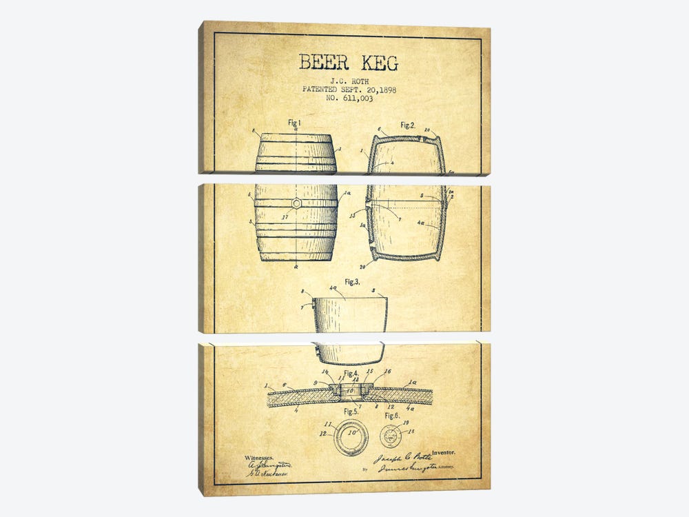 Keg Vintage Patent Blueprint by Aged Pixel 3-piece Canvas Wall Art