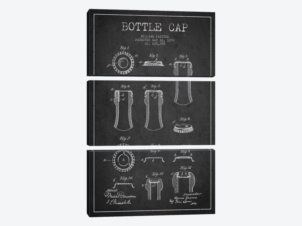 Bottle Cap Charcoal Patent Blueprint by Aged Pixel 3-piece Art Print