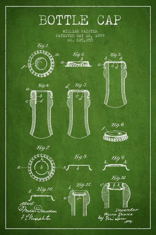 Bottle Cap Green Patent Blueprint by Aged Pixel wall art