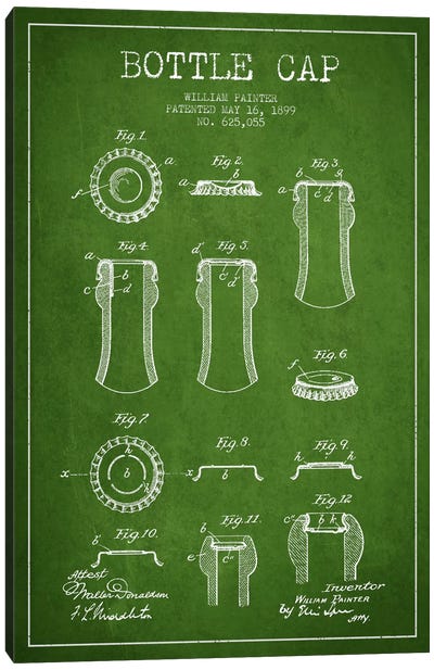 Bottle Cap Green Patent Blueprint Canvas Art Print - Beer Art