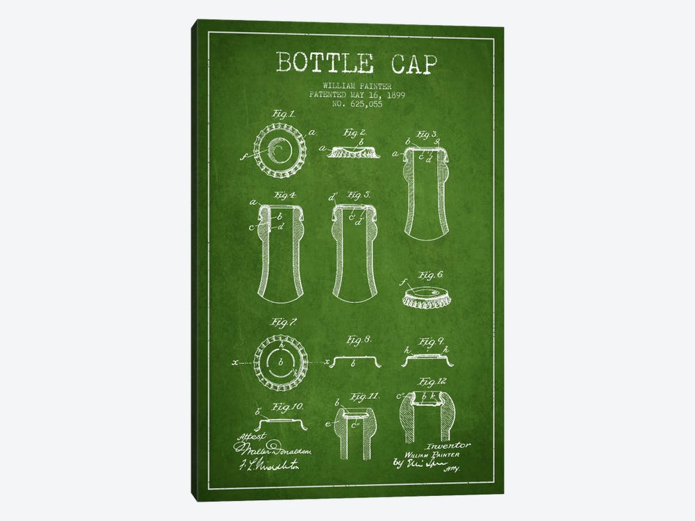 Bottle Cap Green Patent Blueprint by Aged Pixel 1-piece Canvas Wall Art