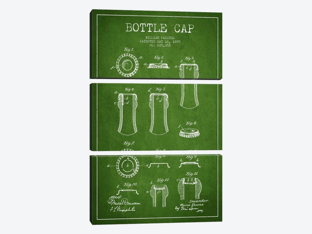 Bottle Cap Green Patent Blueprint by Aged Pixel 3-piece Canvas Wall Art