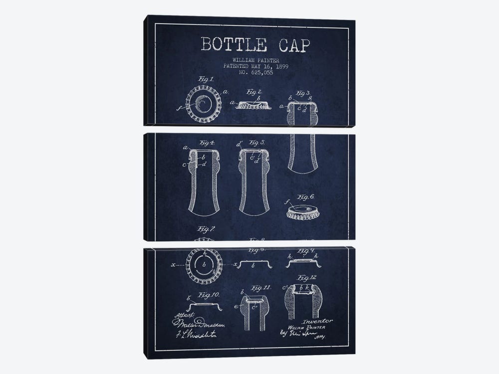 Bottle Cap Navy Blue Patent Blueprint by Aged Pixel 3-piece Canvas Print