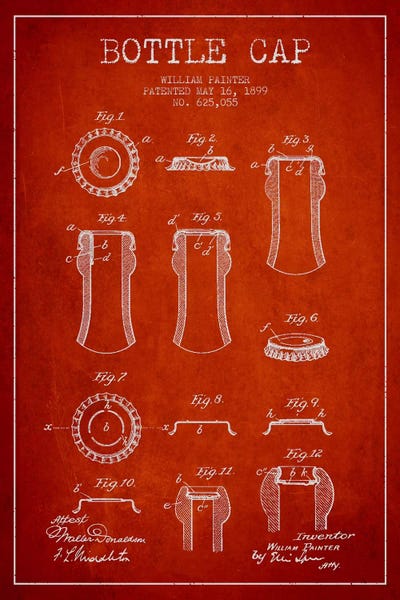 Bottle Cap Red Patent Blueprint by Aged Pixel canvas print