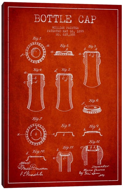 Bottle Cap Red Patent Blueprint Canvas Art Print - Beer Art