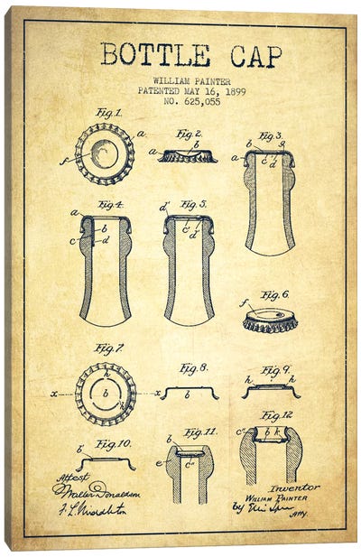 Bottle Cap Vintage Patent Blueprint Canvas Art Print - Aged Pixel