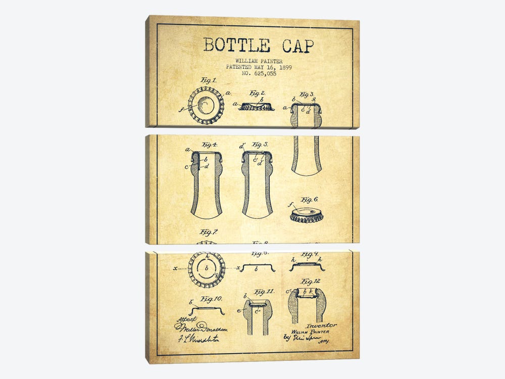 Bottle Cap Vintage Patent Blueprint by Aged Pixel 3-piece Canvas Art Print