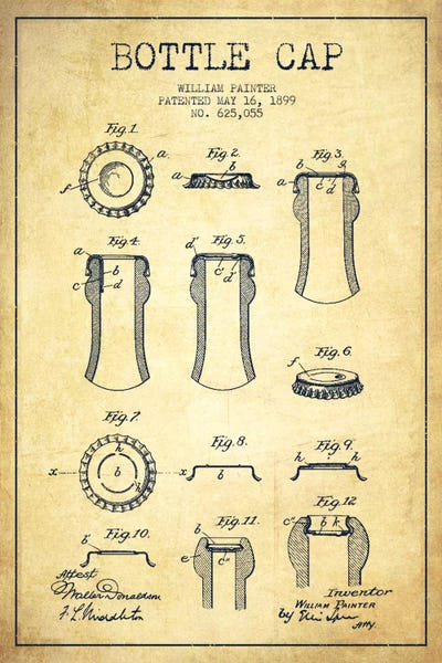 Food & Drink Blueprints: Bottle Cap Vintage Patent Blueprint by Aged Pixel