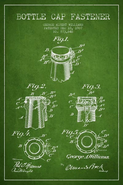 Cap Fastener Green Patent Blueprint by Aged Pixel framed wall art