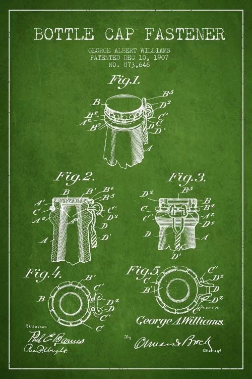 Cap Fastener Green Patent Blueprint by Aged Pixel wall art