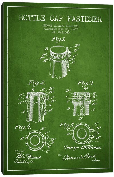 Cap Fastener Green Patent Blueprint Canvas Art Print - Food & Drink Blueprints