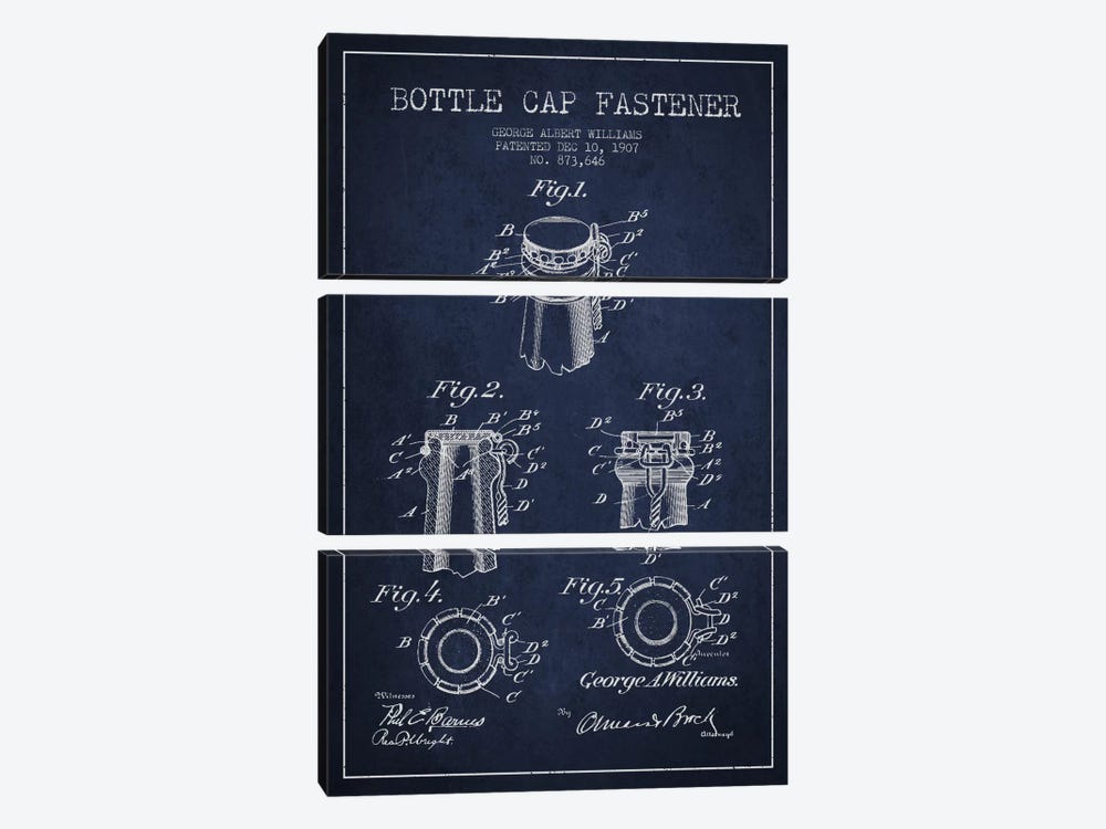 Cap Fastener Navy Blue Patent Blueprint by Aged Pixel 3-piece Art Print