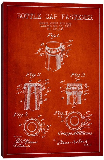 Cap Fastener Red Patent Blueprint Canvas Art Print - Aged Pixel: Drink & Beer