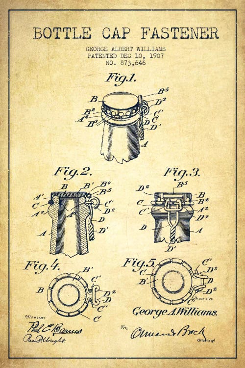 Cap Fastener Vintage Patent Blueprint