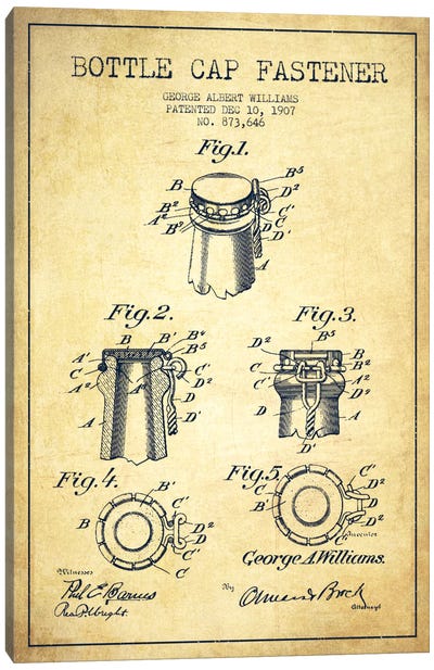 Cap Fastener Vintage Patent Blueprint Canvas Art Print - Aged Pixel: Drink & Beer