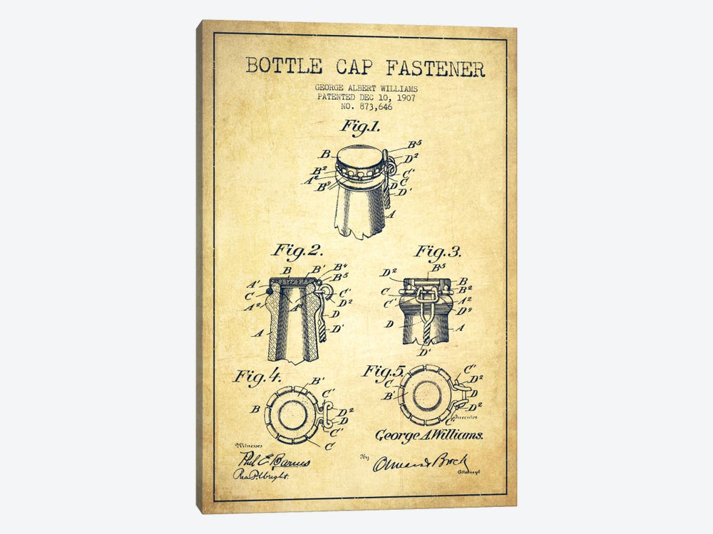 Cap Fastener Vintage Patent Blueprint by Aged Pixel 1-piece Canvas Print