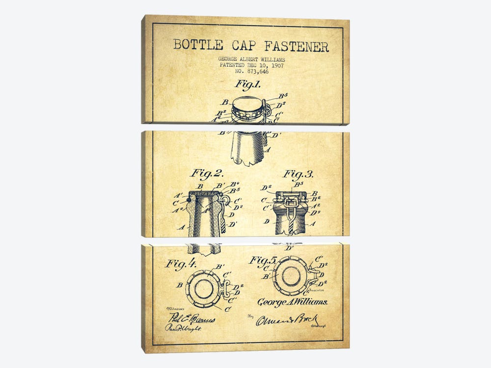Cap Fastener Vintage Patent Blueprint by Aged Pixel 3-piece Canvas Art Print