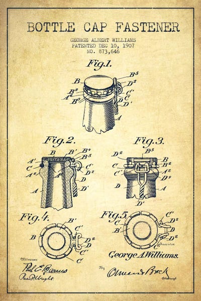 Food & Drink Blueprints: Cap Fastener Vintage Patent Blueprint by Aged Pixel
