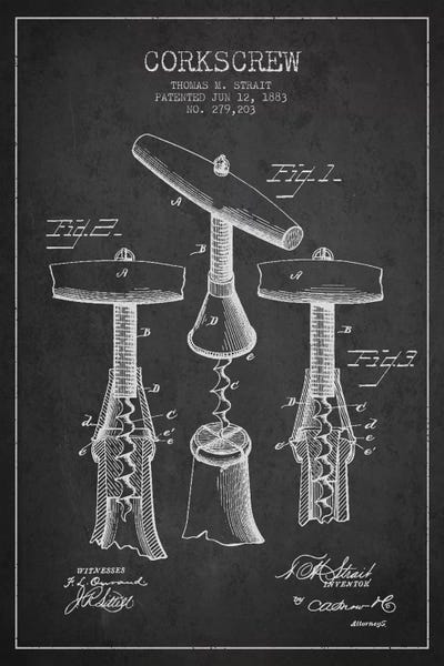 Food & Drink Blueprints: Corkscrew Charcoal Patent Blueprint by Aged Pixel