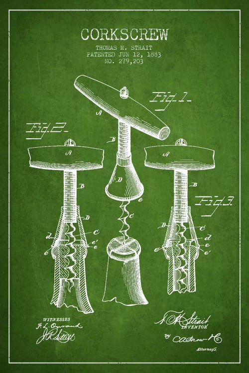 Corkscrew Green Patent Blueprint by Aged Pixel wall art