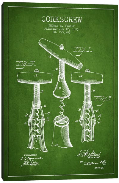 Corkscrew Green Patent Blueprint Canvas Art Print - Drink & Beverage Art