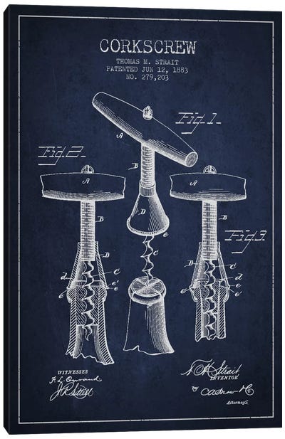 Corkscrew Navy Blue Patent Blueprint Canvas Art Print - Winery/Tavern