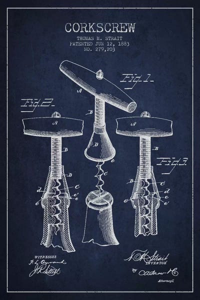 Food & Drink Blueprints: Corkscrew Navy Blue Patent Blueprint by Aged Pixel