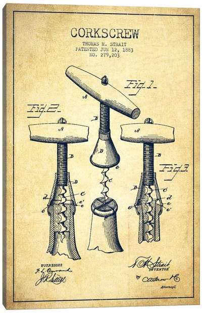 Corkscrew Vintage Patent Blueprint Canvas Art Print - Food & Drink Blueprints