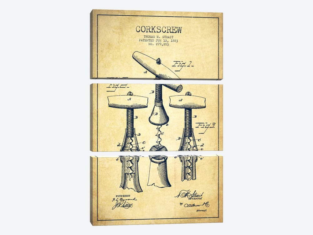 Corkscrew Vintage Patent Blueprint by Aged Pixel 3-piece Canvas Artwork