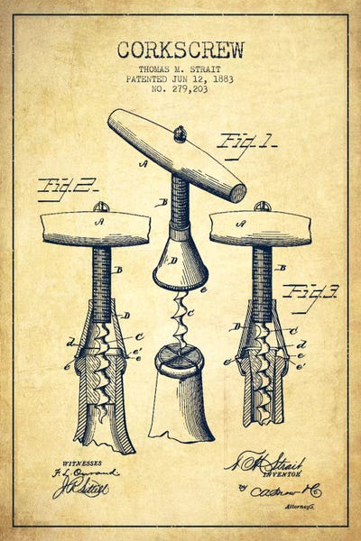 Food & Drink Blueprints: Corkscrew Vintage Patent Blueprint by Aged Pixel