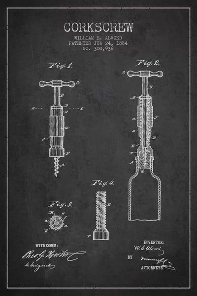 Food & Drink Blueprints: Corkscrew Charcoal Patent Blueprint by Aged Pixel