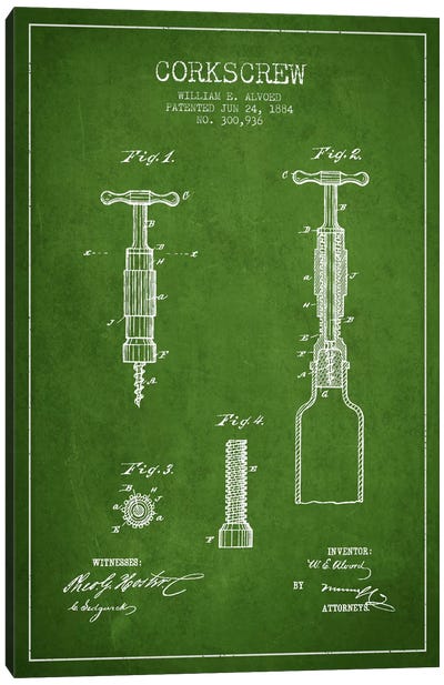 Corkscrew Green Patent Blueprint Canvas Art Print - Aged Pixel: Drink & Beer