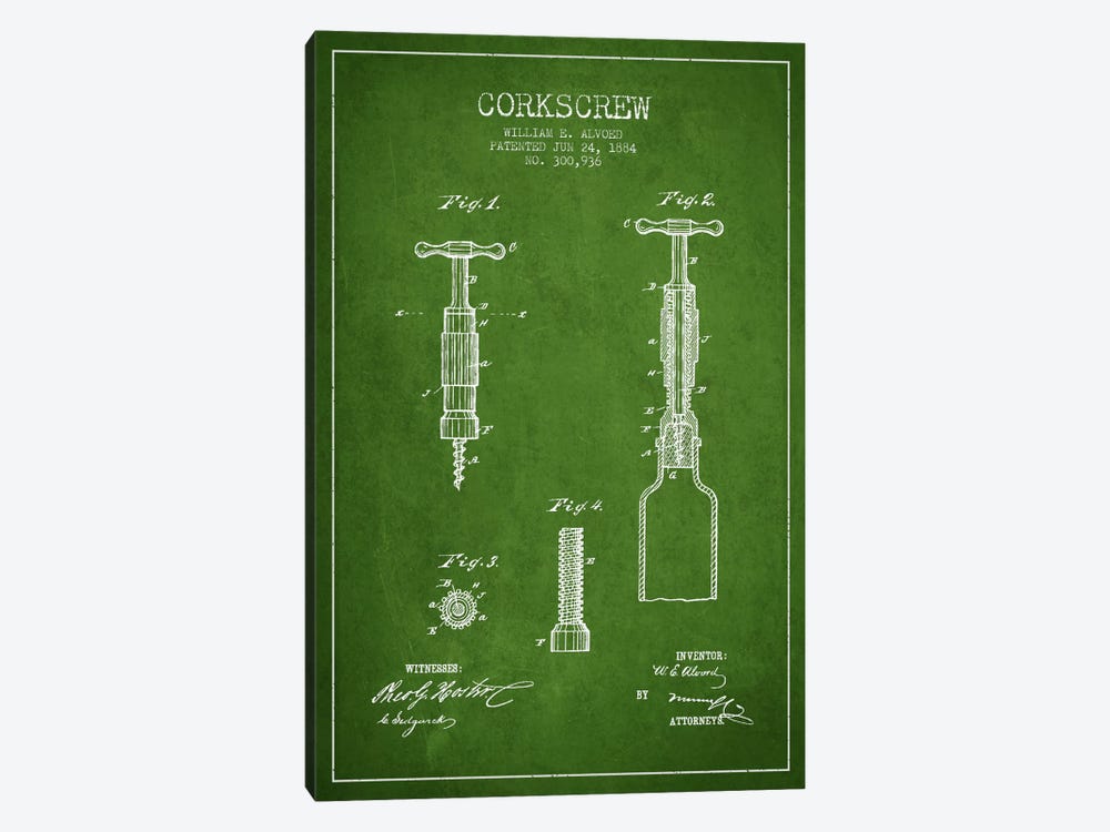 Corkscrew Green Patent Blueprint by Aged Pixel 1-piece Canvas Print
