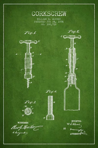 Food & Drink Blueprints: Corkscrew Green Patent Blueprint by Aged Pixel
