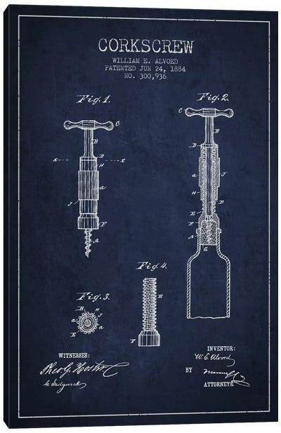 Corkscrew Navy Blue Patent Blueprint Canvas Art Print - Drink & Beverage Art