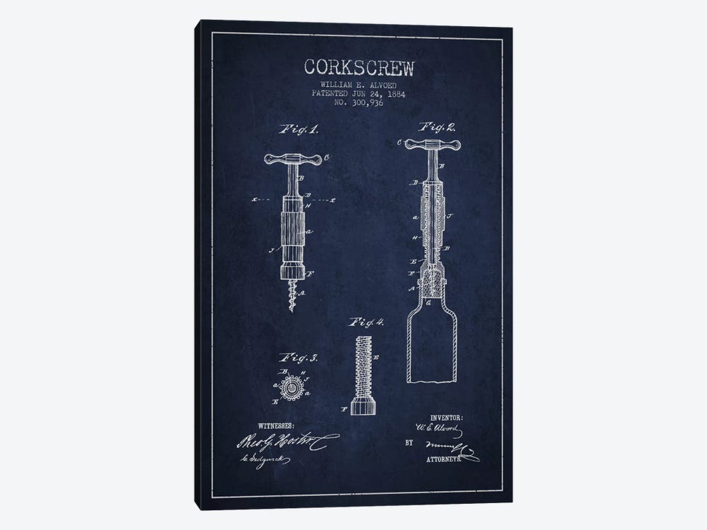 Corkscrew Navy Blue Patent Blueprint by Aged Pixel 1-piece Canvas Artwork