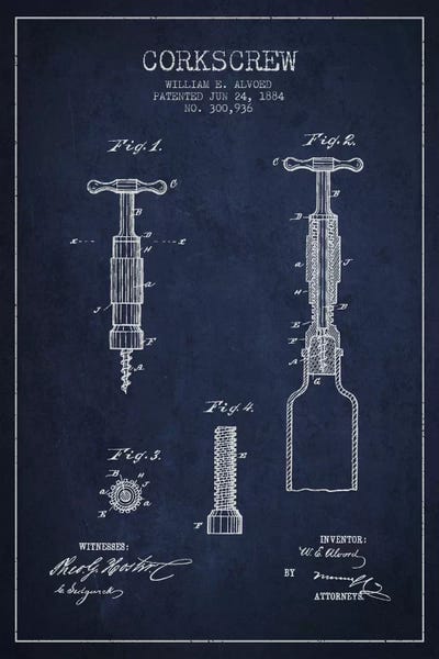 Food & Drink Blueprints: Corkscrew Navy Blue Patent Blueprint by Aged Pixel