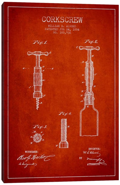 Corkscrew Red Patent Blueprint Canvas Art Print - Food & Drink Blueprints