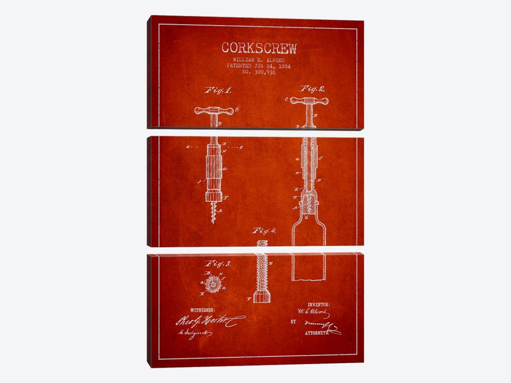 Corkscrew Red Patent Blueprint by Aged Pixel 3-piece Canvas Print